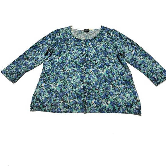 TALBOTS Cardigan Sweater Women Plus 1X Abstract Blue Print 100% Cashmere - Picture 1 of 8